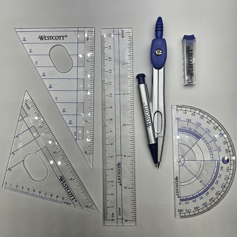 Westcott 14564 Geometry Set Kit Compass Protractor Triangles Ruler Storage Pouch - Picture 2 of 8